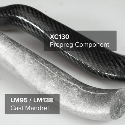 Example of a metal mandrel cast from LM95 Low-Melt Alloy, used to produce a prepreg carbon fibre tube using XPREG XC130 prepreg carbon fibre.
